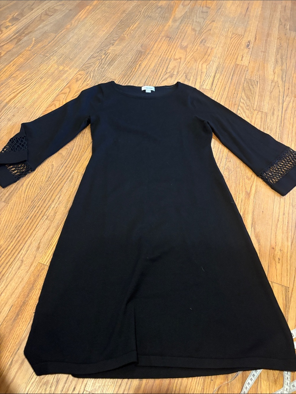 Calvin Klein Black Midi A-Line Dress with Crochet Sleeve Insets